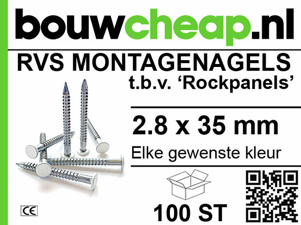 Zilveren RVS montagenagels voor Rockpanel, 2.8 x 35 mm, met logo van bouwcheap.nl en een QR-code. Verpakking bevat 100 stuks.