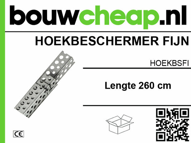 Hoekbeschermer van fijn staal, 260 cm lang, met een geperforeerd ontwerp en merklogo van Bouwcheap.