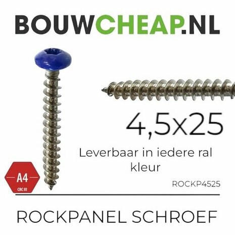 Een schroef met een blauw gekleurde kop en scherpe schroefdraad, samen met productinformatie en logo.