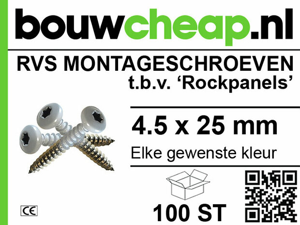 Zilveren RVS montageschroeven met zwarte kop, 4,5 x 25 mm, verpakt per 100 stuks, met groen en zwart merklogo.