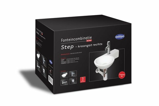 Zwarte doos met afbeeldingen van een wastafel en kraan, inclusief installatie-instructies en specificaties.