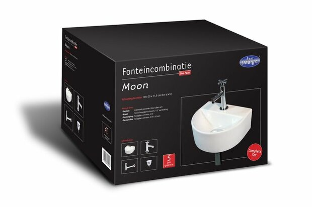 Een zwarte doos met witte tekst en afbeelding van een hoekfontein met kraan en bijbehorende onderdelen.