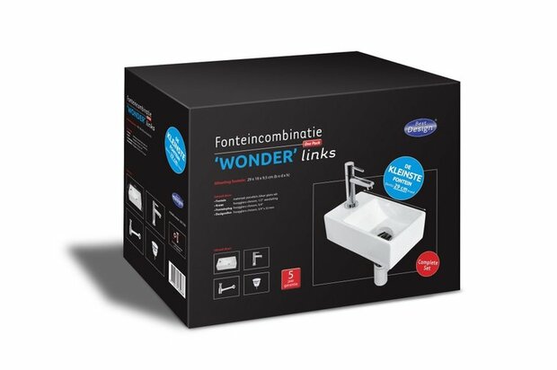 Zwarte doos met de tekst 'Fonteincombinatie WONDER links' en een afbeelding van een witte fontein met een moderne kraan.