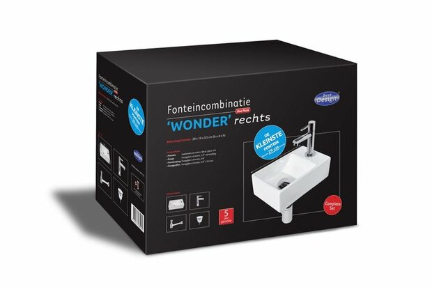 Zwarte doos met een afbeelding van een wit fonteintje, inclusief een kraan en installatie-instructies.