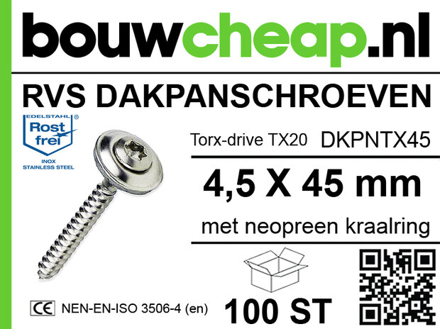 RVS dakpan schroeven met torx-aandrijving, neoprén kraalring, 4,5 x 45 mm, verpakt in een doos van 100 stuks.