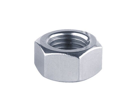 Zilveren metalen moer met een hexagonale vorm en interne schroefdraad, geschikt voor bevestigingen.