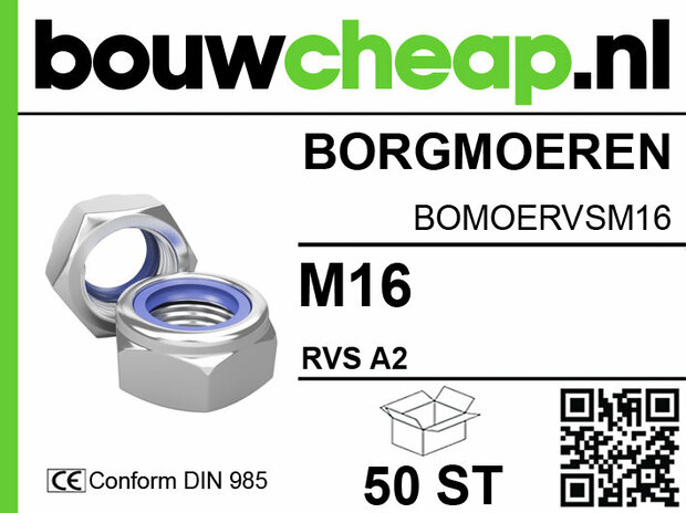 Borgmoeren M16 in RVS A2 met een blauwe rubberen ring, weergegeven naast een productlabel met specificaties.