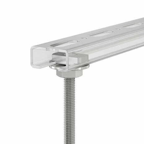 Glanzende metalen rail met een doorzichtige kunststof omhulsel en een stevige schroefbevestiging, afgewerkt met een subtiel merklogo.