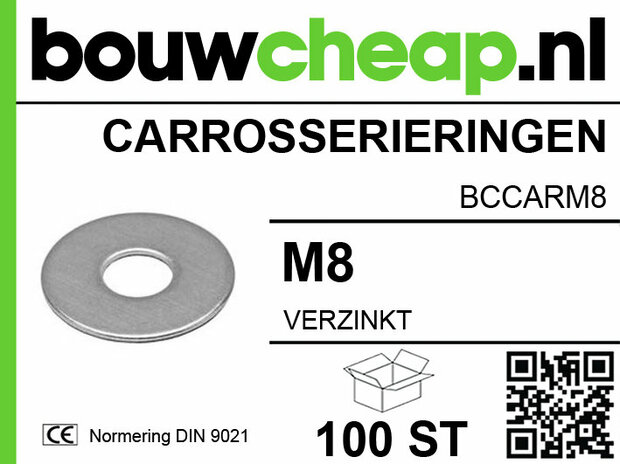 Zilveren verzinkt carrosserie-ring met centrale opening, weergegeven naast een QR-code en tekst over het product.