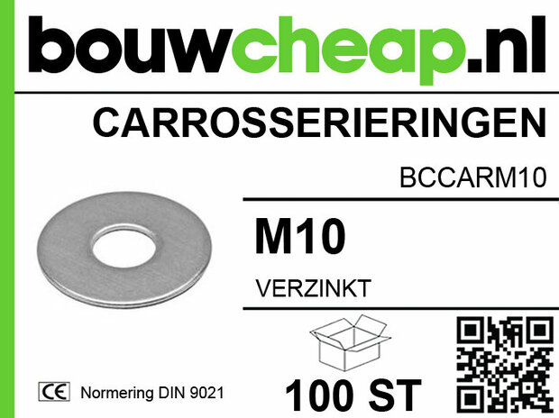 Grijze verzinkte carrosseriering met een centrale opening, met daarop het logo van Bouwcheap en productinformatie in zwart-wit.