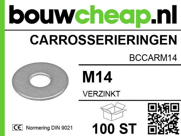 Verzinkte M14 carrosseriering in staal, met groene en zwarte tekst van het merk Bouwcheap.nl en een QR-code.
