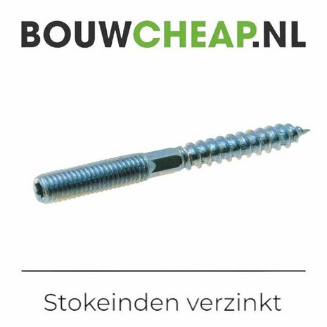 Een zilverkleurige stokeind die licht glanst, met een schroefdraad en een puntige top voor bevestiging.