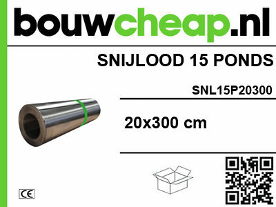 Glanzende rol snijlood van 15 pond in zilver, gemarkeerd met groene strip, afmetingen 20x300 cm, met merklogo en QR-code.