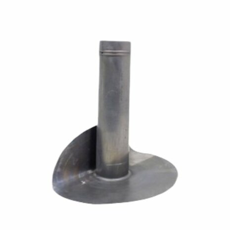 Een metalen onderdeel met een rechte, cilinderachtige bovenkant en een brede, gebogen onderkant.