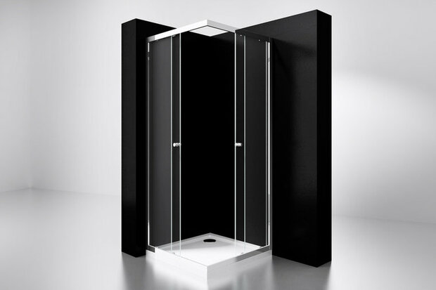 Een moderne douchecabine met een transparant glazen ontwerp en een witte kunststof basil. Achtergrond in zwart.