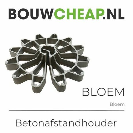 Een grijze betonafstandhouder met een bloemvormige structuur en uitsparingen rondom.