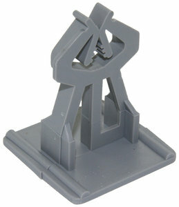 Grijze plastic houder met een gestileerde afbeelding van een gereedschap, stevig en opvallend in zijn ontwerp.