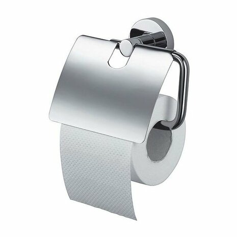 Een glanzende chromen toiletrolhouder met een witte toiletrol die deels is afgerold.