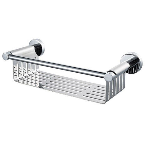Ronde wandbeugels met een glanzende chroomafwerking en een open rek met horizontale en verticale sleuven voor opslag.