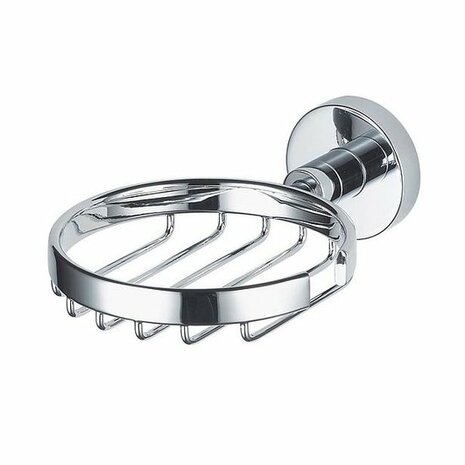 Chroomkleurige wandplank met open design en rechte spijlen, geschikt voor het ophangen van toiletaccessoires.