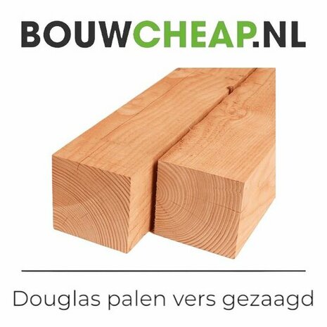 Twee vers gezaagde Douglas palen met een lichtbruine kleur en zichtbare houtstructuur, geplaatst op een witte achtergrond.