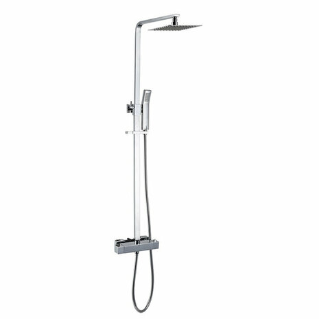 Chromen douchesysteem met grote regendouchekop, handdouche en wandbevestiging. Slanke, moderne uitstraling.