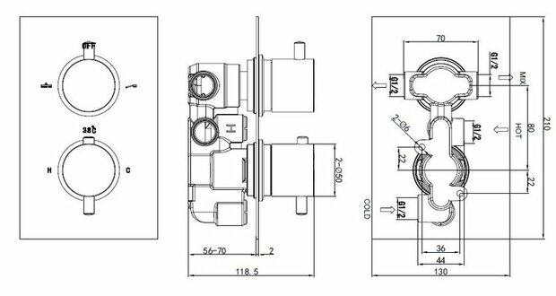 Technische tekening van een mengkraan, met duidelijke afmetingen en aansluiting voor warm en koud water.
