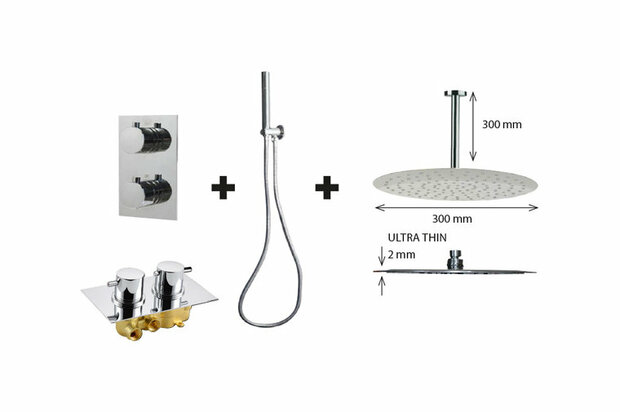 Glinsterende chroom douchekop, doucheslang en mengkraan met knoppen, moderne en strakke uitstraling.