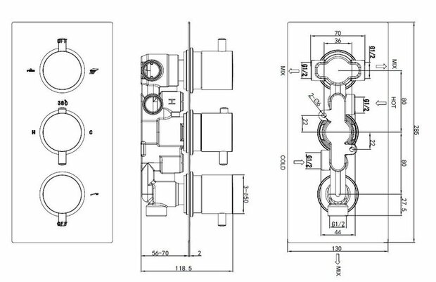 Technisch ontwerp met drie ronde schakelaars en het bijbehorende maatwerk in zwart-wit, met duidelijke afmetingen en labels.