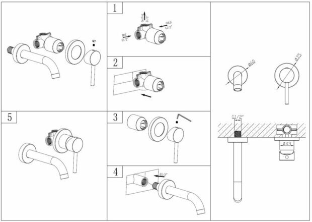 Technische tekening met zes stappen die een chroomkleurige kraan en bijbehorende onderdelen toont, inclusief montage-instructies.