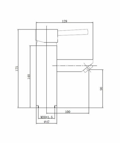 Technische tekening van een wandkraan met duidelijke afmetingen en een stevig ontwerp, weergegeven in zwart-wit.