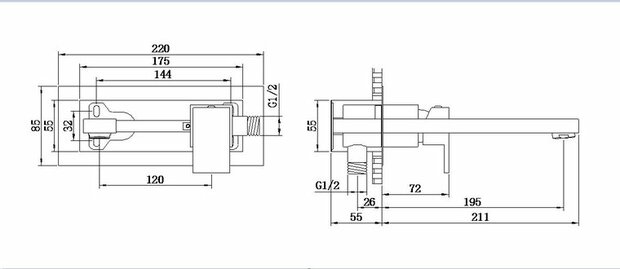 Technisch tekening van een mengkraan, met duidelijke afmetingen en componenten in zwart-wit.