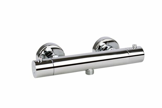 Chromen thermostatische douchekraan met een rechtlijnig ontwerp en twee bedieningsknoppen aan de zijkanten.