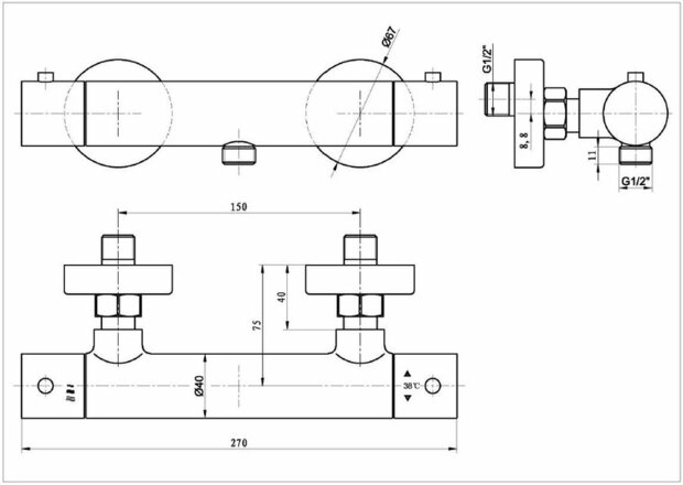 Technische tekening van een metalen component met cirkelvormige uiteinden, afmetingen en aansluitpunten, zwart-wit.