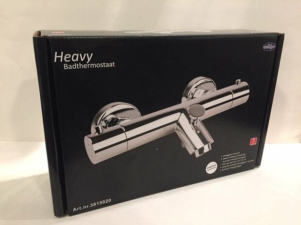 Zilverchromen badthermostaat in doos, voorzien van merklogo en duidelijke productinformatie op de verpakking.