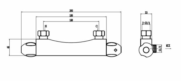 Technische tekening van een metalen beugel, voorzien van schroeven en afmetingen in millimeters, zwart op een witte achtergrond.