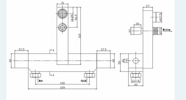 Technische tekening in zwart-wit van een messing mengkraan met afmetingen en verbindingen.