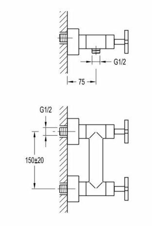 Technisch diagram met zwart-witte lijnen, specificaties en afmetingen weergegeven in centimeters en inches.