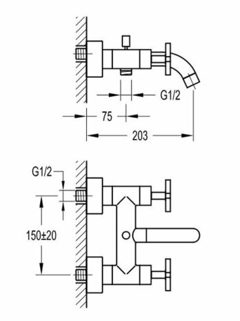 Technisch schema van een kraan met details over aansluitingen en afmetingen, zwart-wit ontwerp met meetinstructies.