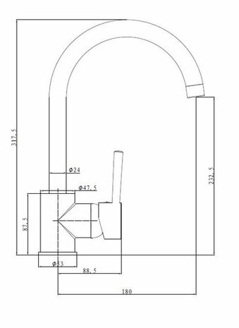 Technische tekening van een chroomkleurige keukenkraan met een gebogen uitloop en eenhendel, inclusief afmetingen.