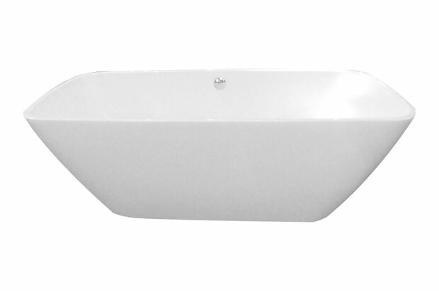 Witte, vrijstaande badkuip met een strakke, moderne vorm en een afgeronde bovenrand.