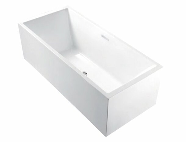 Strakke, rechthoekige witte badkuip met een cilindrische afvoer, minimalistisch ontwerp zonder versieringen.