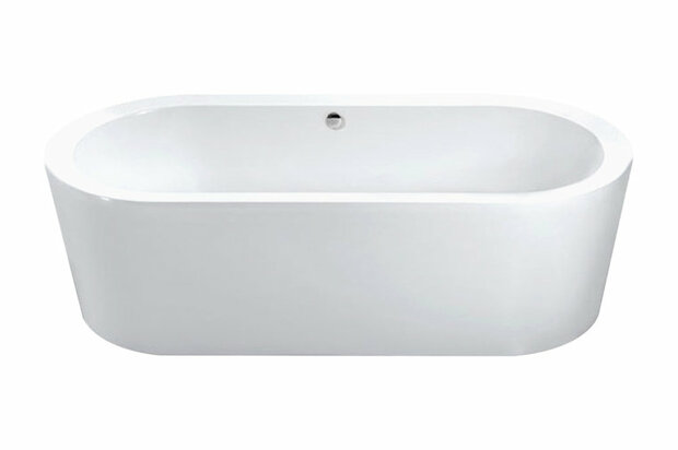 Witte, vrijstaande badkuip met een ovale, modern gestroomlijnde vorm en een gladde afwerking.