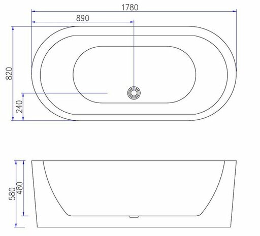 Witte freestanding badkuip met ovale vorm, met afmetingen en aansluitingen in blauw weergegeven op een technische tekening.