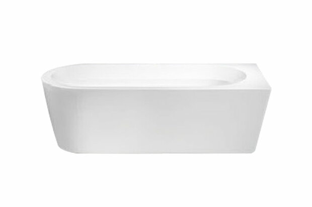 Strak gevormd, vrijstaand bad in wit met afgeronde hoeken en een moderne, minimalistische uitstraling.