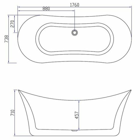 Technisch schema van een moderne vrijstaande badkuip, met afgeronde hoeken en afmetingen in millimeters.