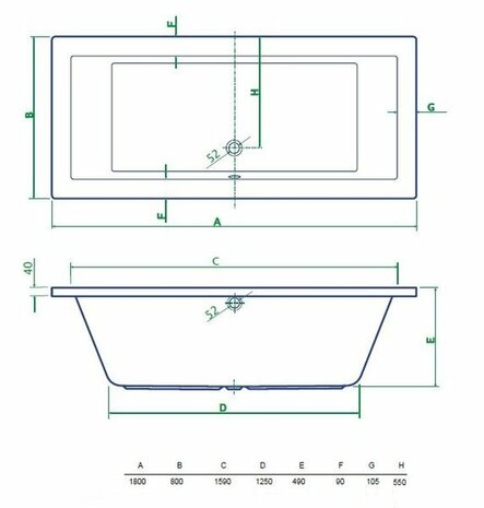Technische tekening van een rechthoekig bad, met afmetingen in millimeters, in een eenvoudig zwart-wit ontwerp.