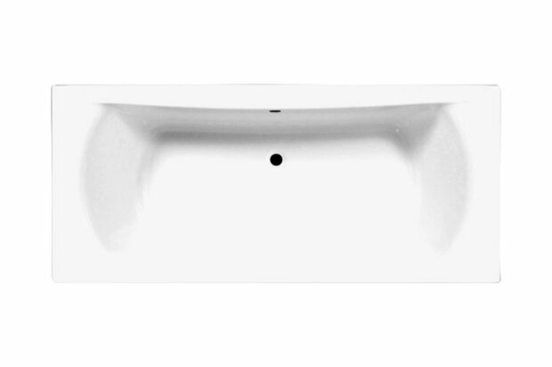 Witte, rechthoekige wastafel met een centrale afvoer, afgeronde hoeken en een gladde, moderne afwerking.