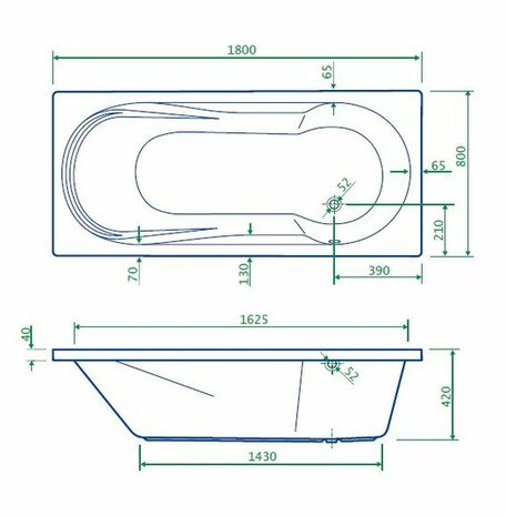 Wit bad met ovalen vorm, weergegeven met afmetingen en technische details in blauw, eenvoudig en functioneel ontwerp.