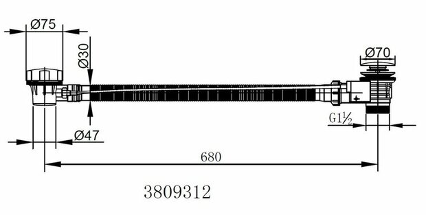 Technische tekening van een afvoerbuis, zwart-wit, met afmetingen in millimeters en duidelijk gelabelde onderdelen.